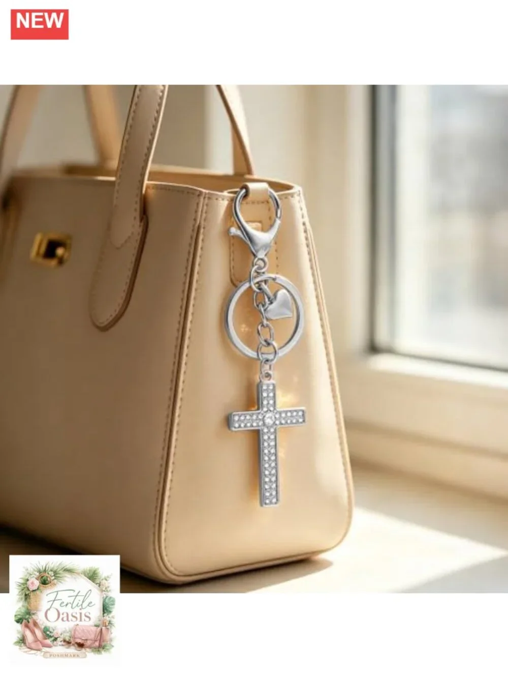 Gold Plated Cross Keychain with Heart Charm Bag Charm Purse Accessories for